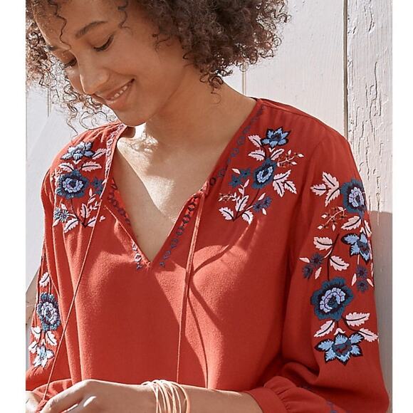 Garnet Hill Embroidered-Yoke Bishop-Sleeve Blouse Womens XL Rust Floral Boho Top - Picture 4 of 10